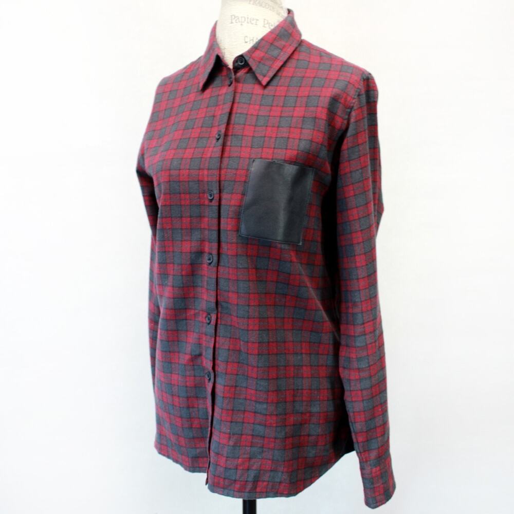Maje flannel plaid blouse shirt long sleeve women's leather pocket medium large